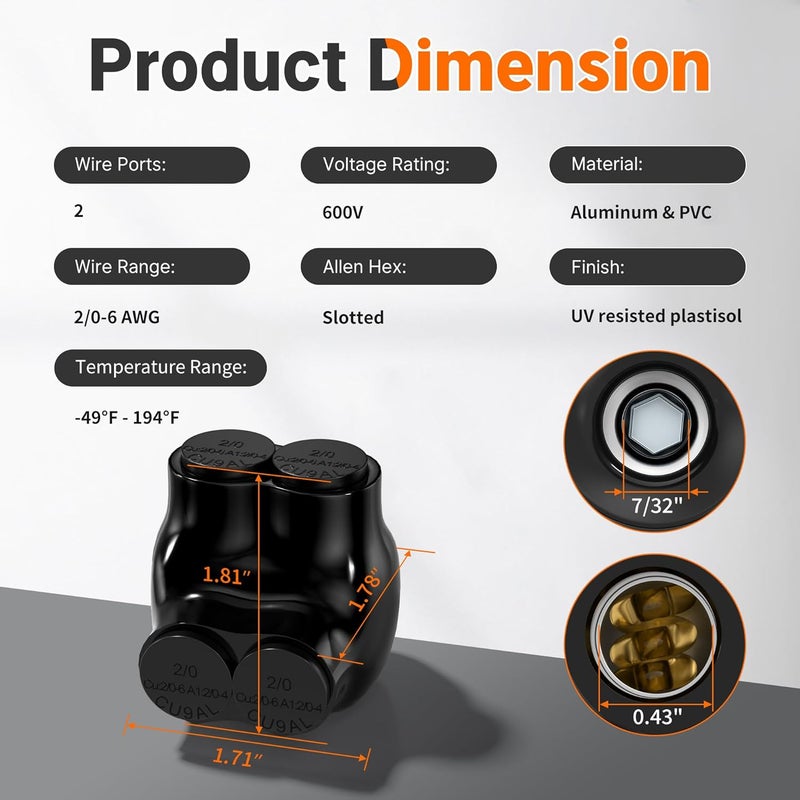 Joinfworld 2 Port Insulated Multi Tap Connector 2/0-6 Gauge Wire Connectors Aluminum to Copper Wire Connectors Single Side Entry Black Electrical Cable Connectors with Slotted Allen Hex - 6 Pack - Image 2
